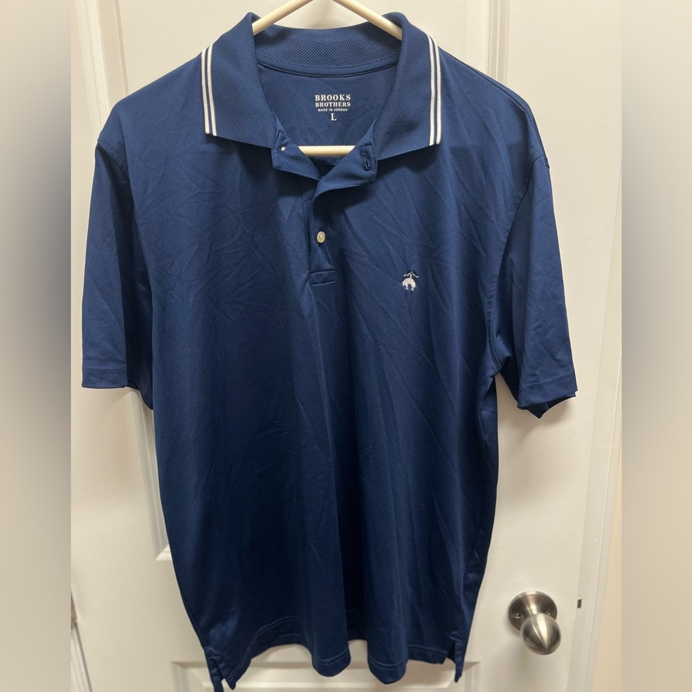 Brooks Brothers Navy Blue Polo with White Accents Large Performance stretch